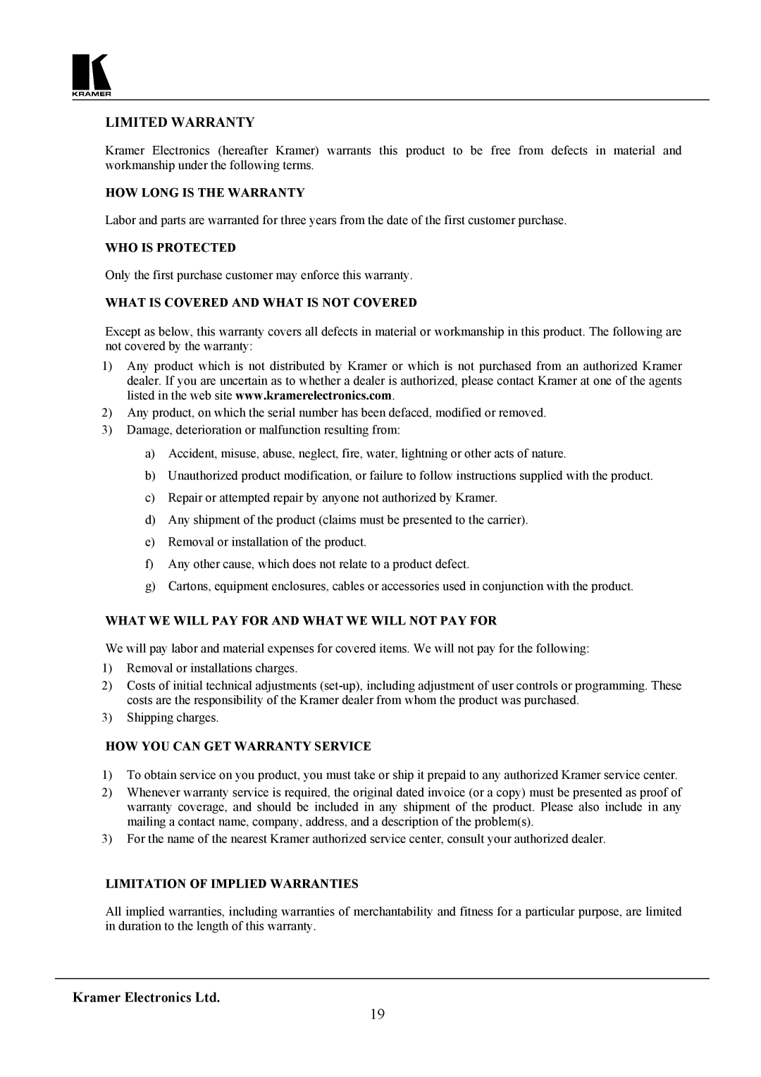 Kramer Electronics SG-6 user manual Limited Warranty 