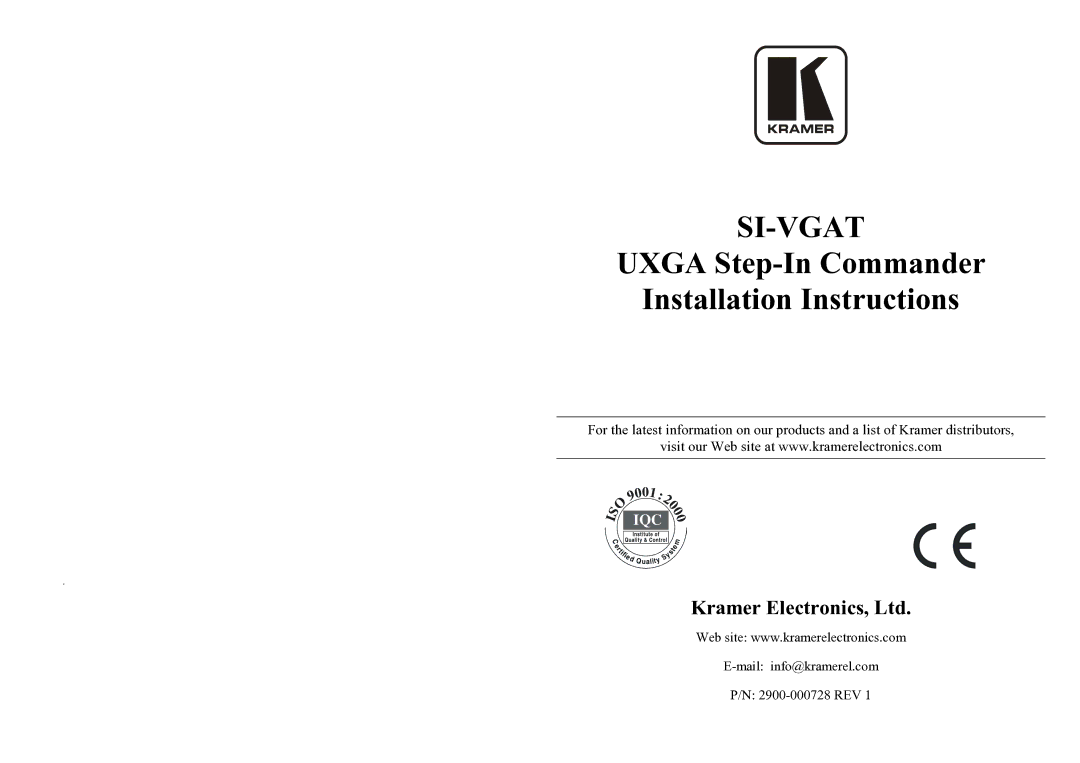 Kramer Electronics SI-VGAT UXGA dimensions Si-Vgat, Uxga Step-In Commander Installation Instructions 