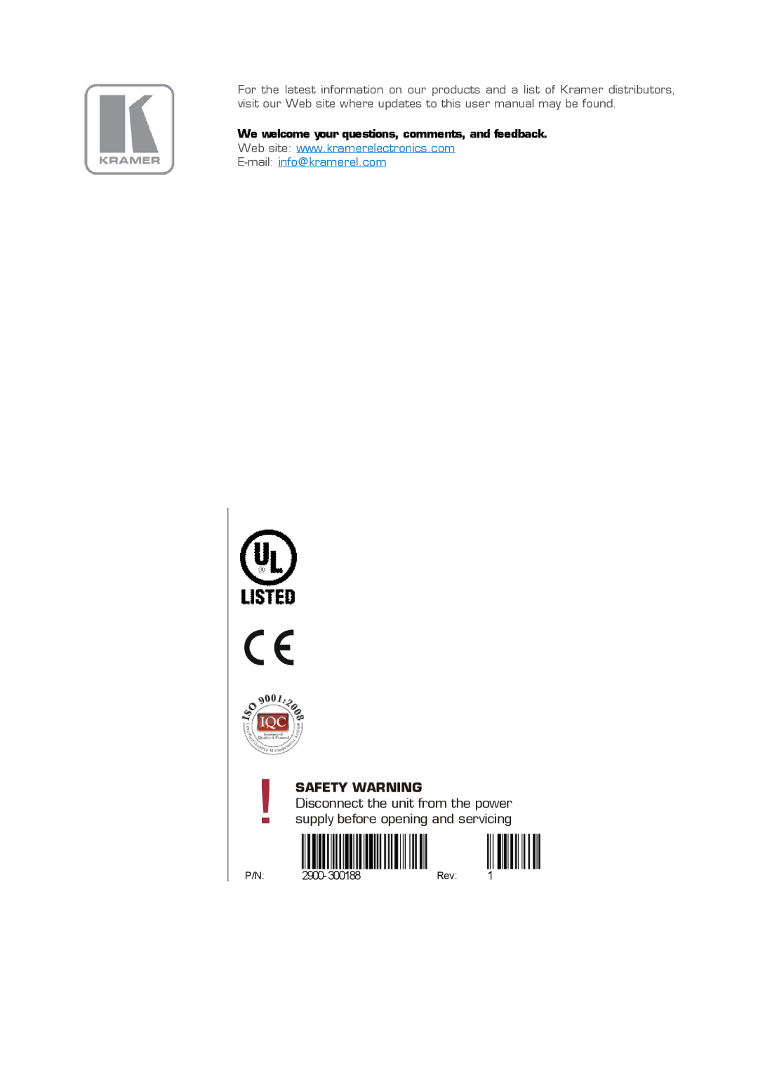 Kramer Electronics SPK-C411 user manual Safety Warning 