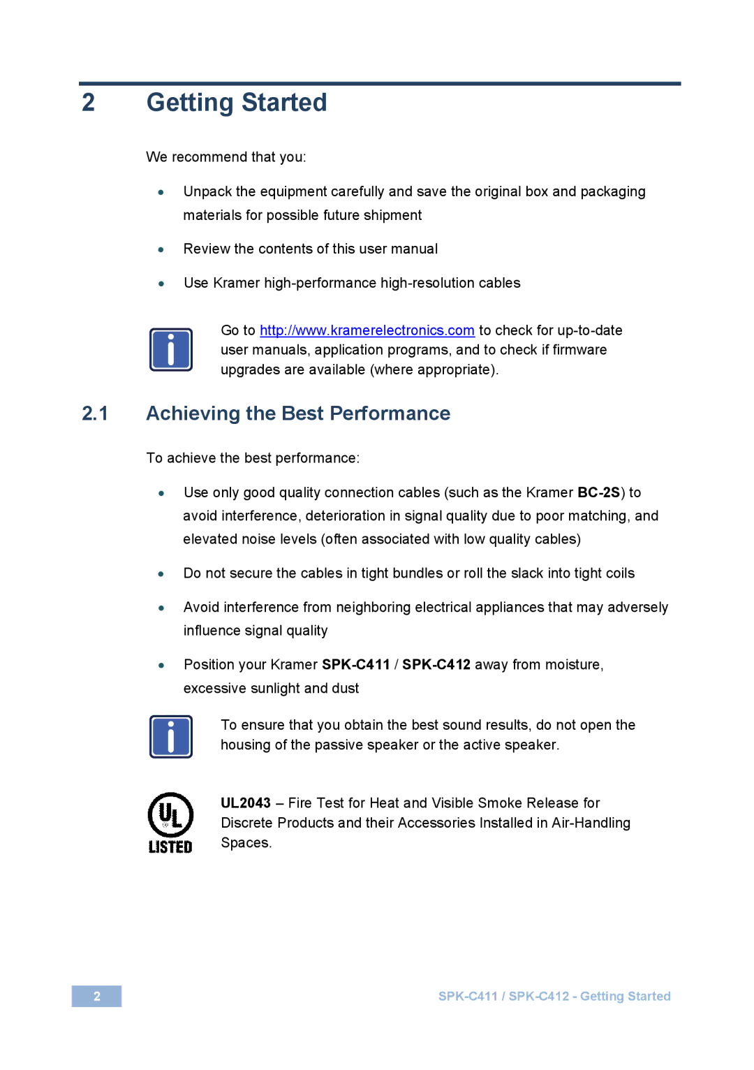 Kramer Electronics SPK-C411 user manual Getting Started, Achieving the Best Performance 