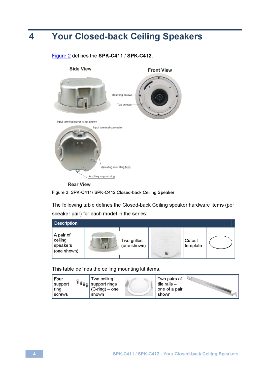 Kramer Electronics SPK-C411 Your Closed-back Ceiling Speakers, This table defines the ceiling mounting kit items 