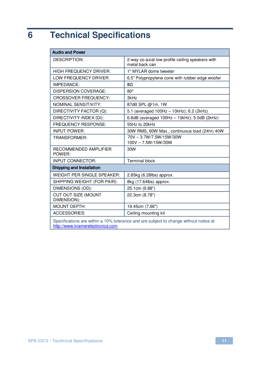 Kramer Electronics SPK-C612 user manual Technical Specifications, Audio and Power 