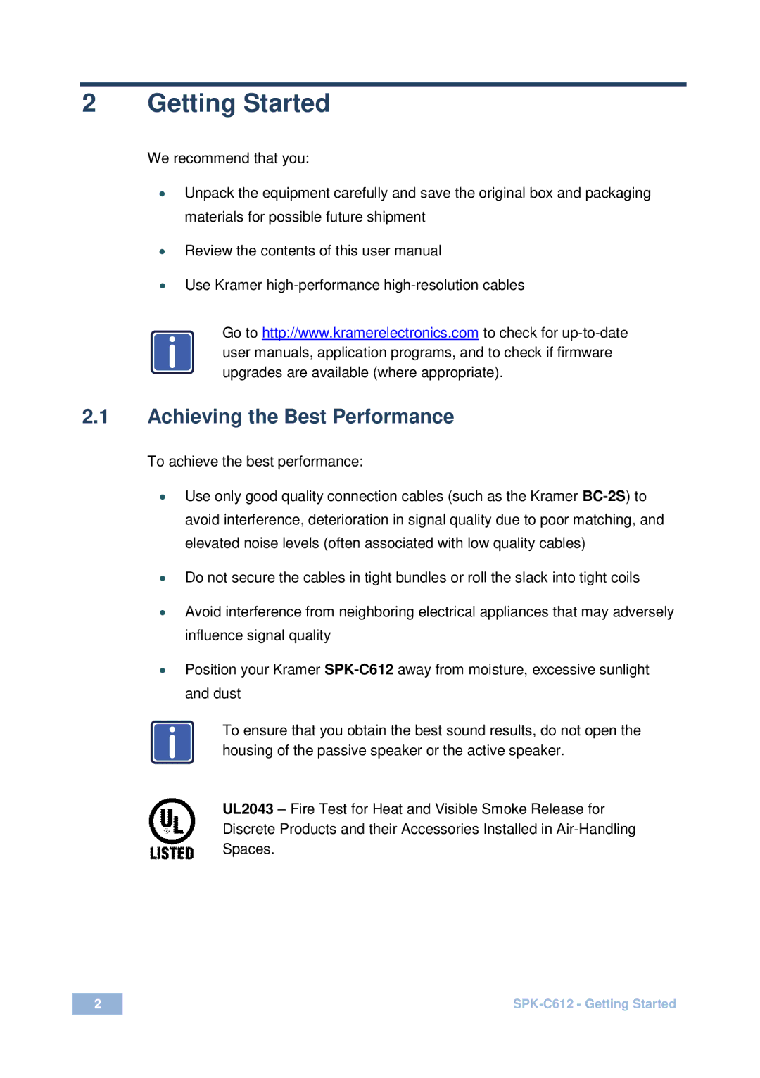 Kramer Electronics SPK-C612 user manual Getting Started, Achieving the Best Performance 