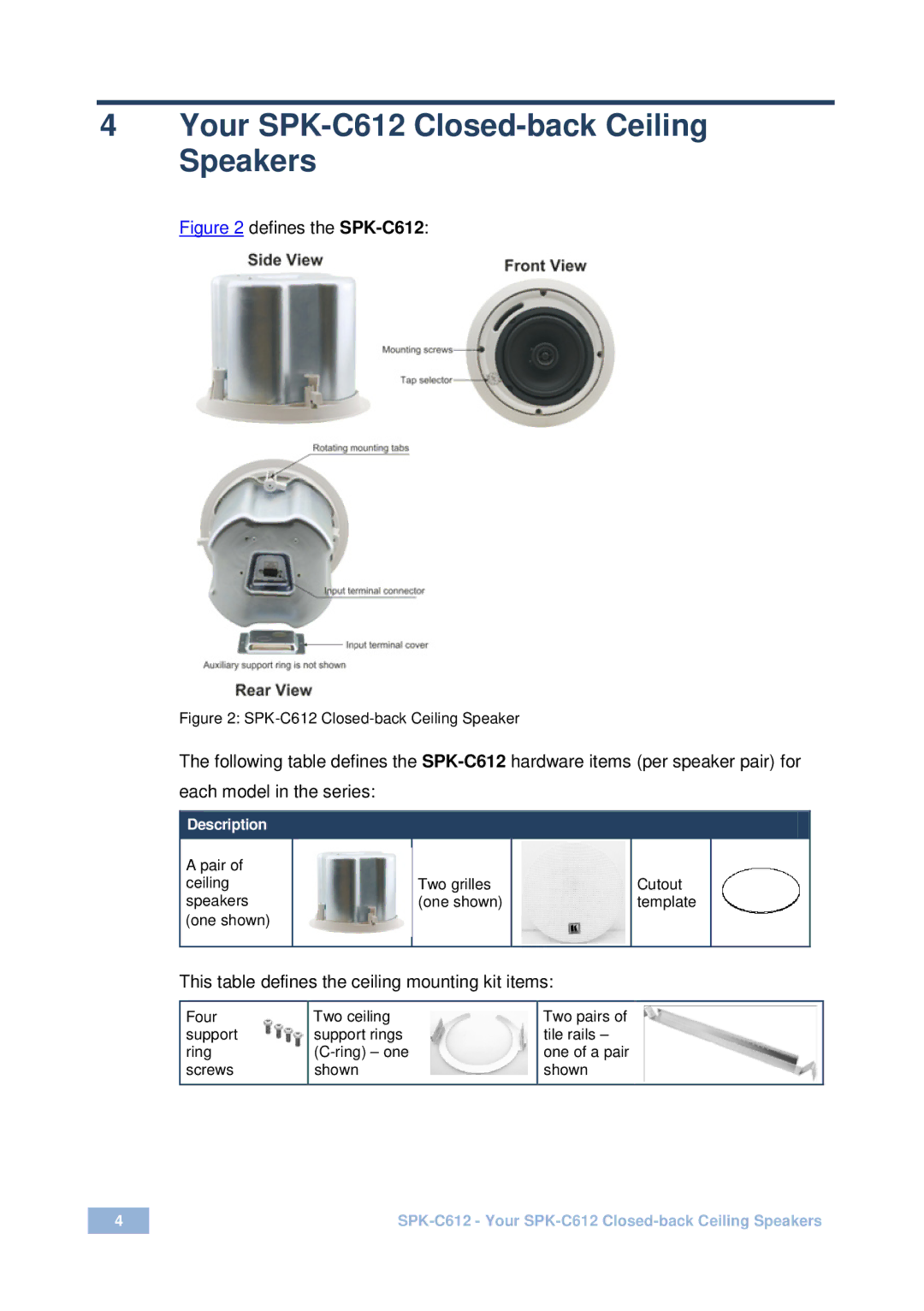 Kramer Electronics Your SPK-C612 Closed-back Ceiling Speakers, This table defines the ceiling mounting kit items 