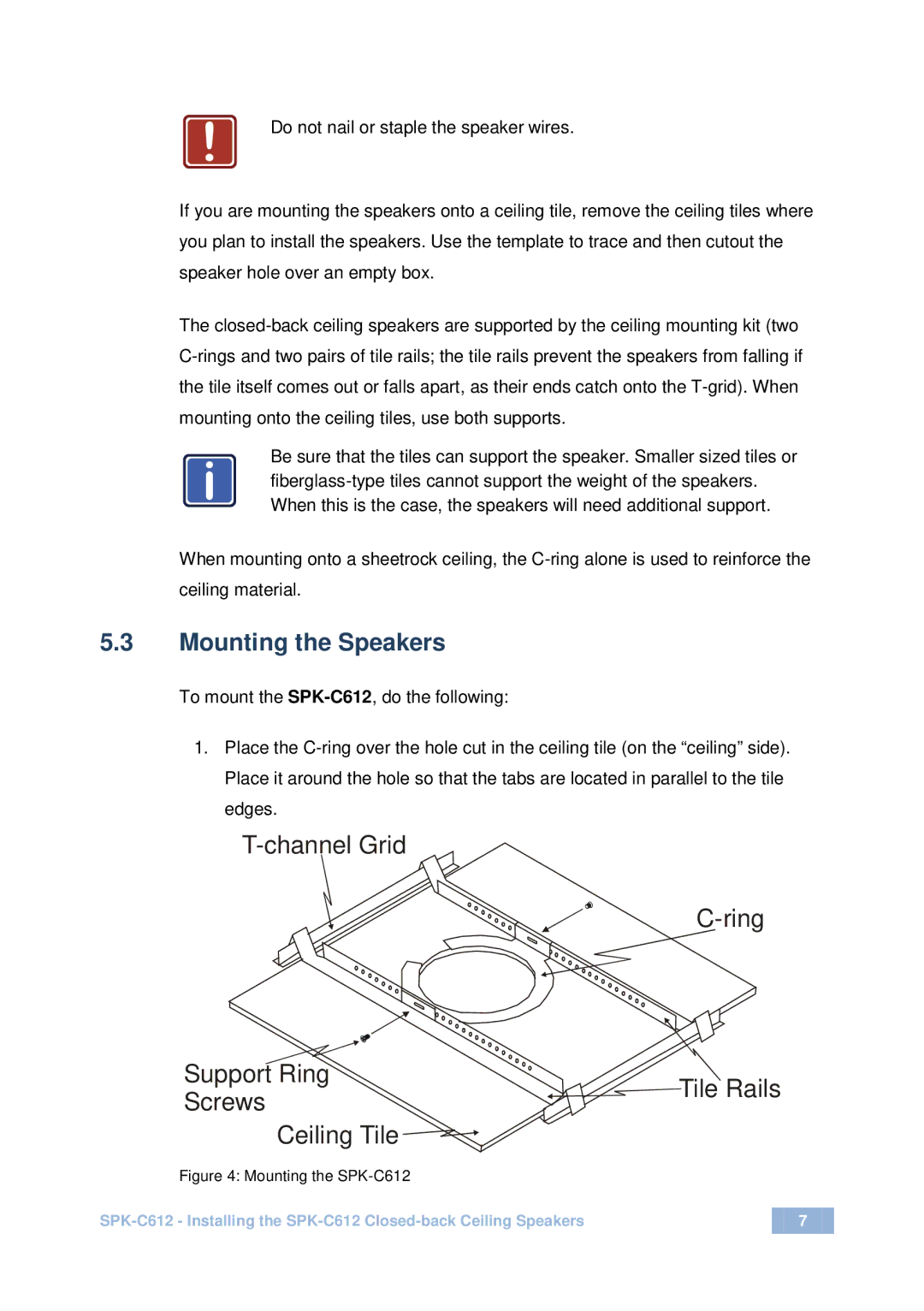 Kramer Electronics user manual Mounting the Speakers, Mounting the SPK-C612 