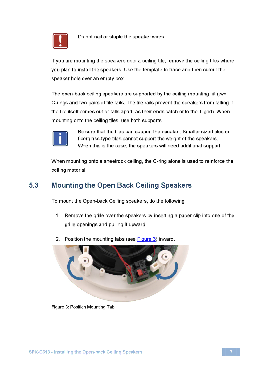 Kramer Electronics SPK-C613 user manual Mounting the Open Back Ceiling Speakers, Position Mounting Tab 