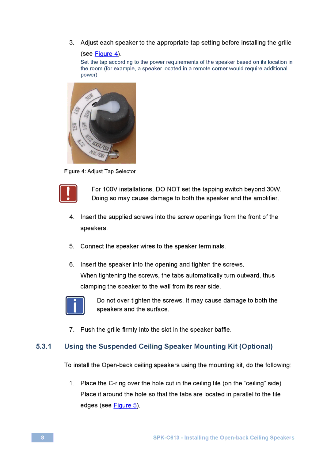 Kramer Electronics SPK-C613 user manual Using the Suspended Ceiling Speaker Mounting Kit Optional 