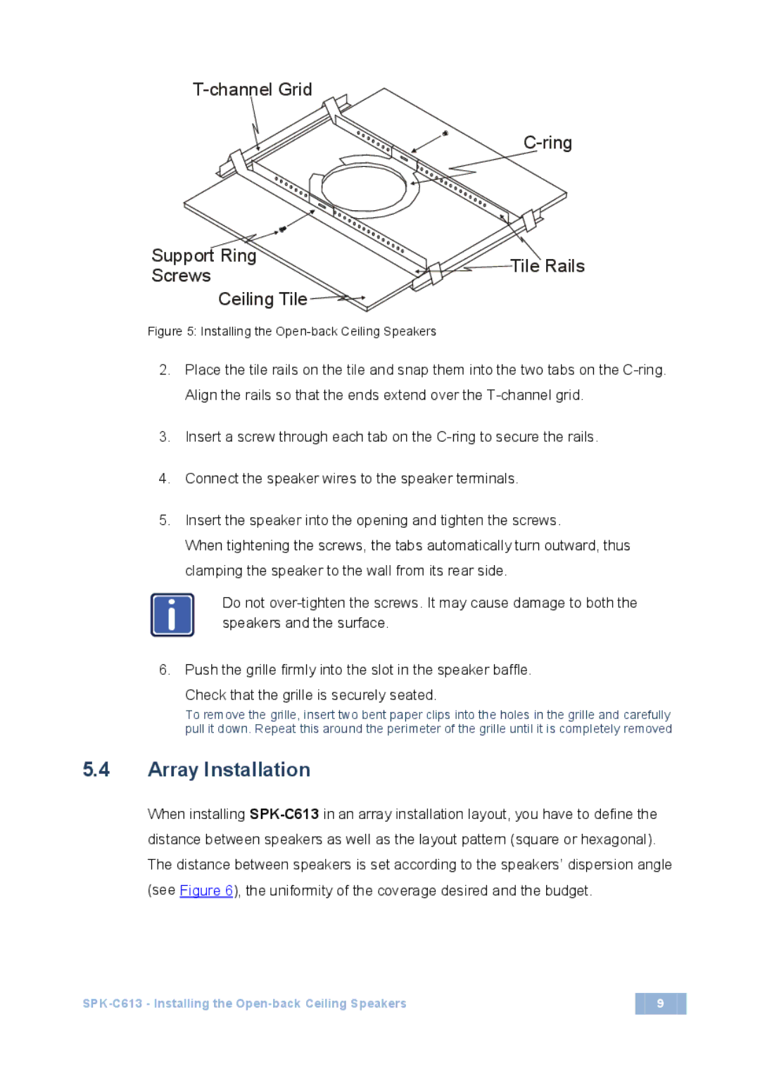 Kramer Electronics SPK-C613 user manual Array Installation, Installing the Open-back Ceiling Speakers 