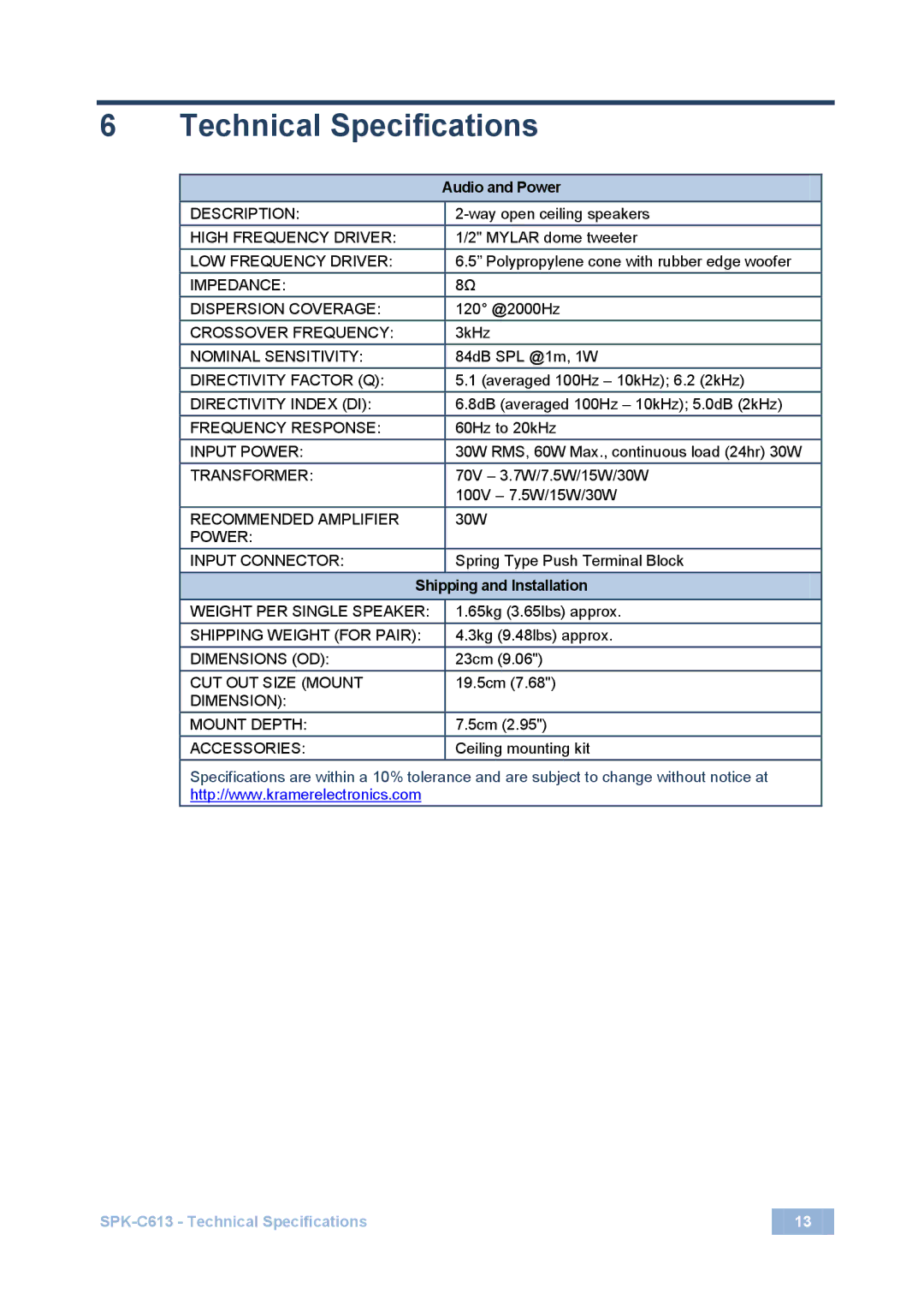 Kramer Electronics SPK-C613 user manual Technical Specifications, Audio and Power 