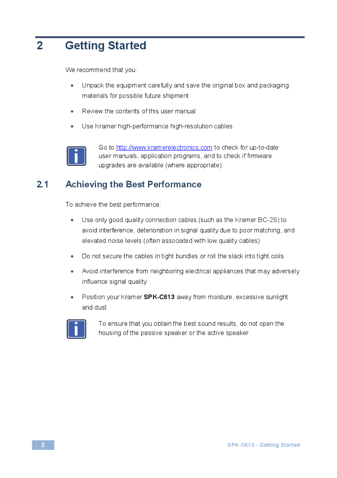 Kramer Electronics SPK-C613 user manual Getting Started, Achieving the Best Performance 