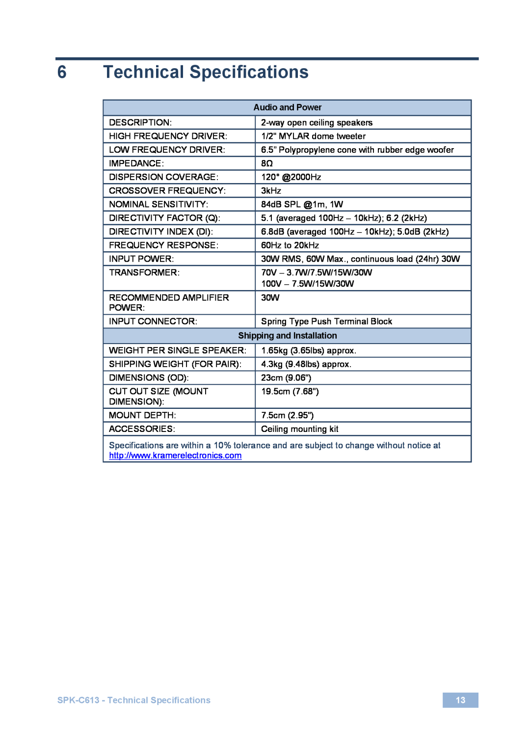 Kramer Electronics user manual Audio and Power, SPK-C613- Technical Specifications 