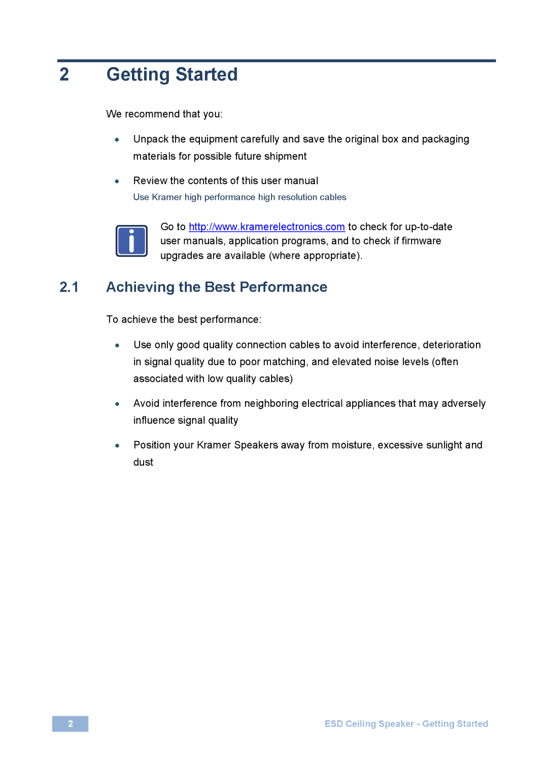 Kramer Electronics spk-cs20, spk-cs12 user manual Getting Started, Achieving the Best Performance 