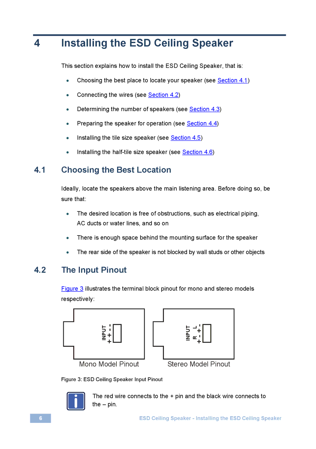 Kramer Electronics spk-cs20, spk-cs12 Installing the ESD Ceiling Speaker, Choosing the Best Location, Input Pinout 