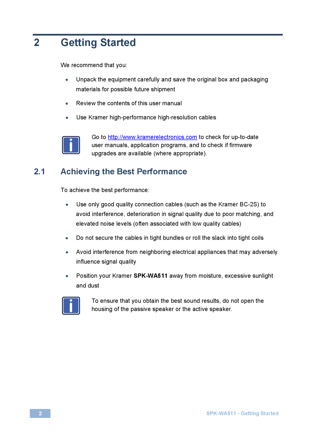 Kramer Electronics SPK-WA511 user manual Getting Started, Achieving the Best Performance 