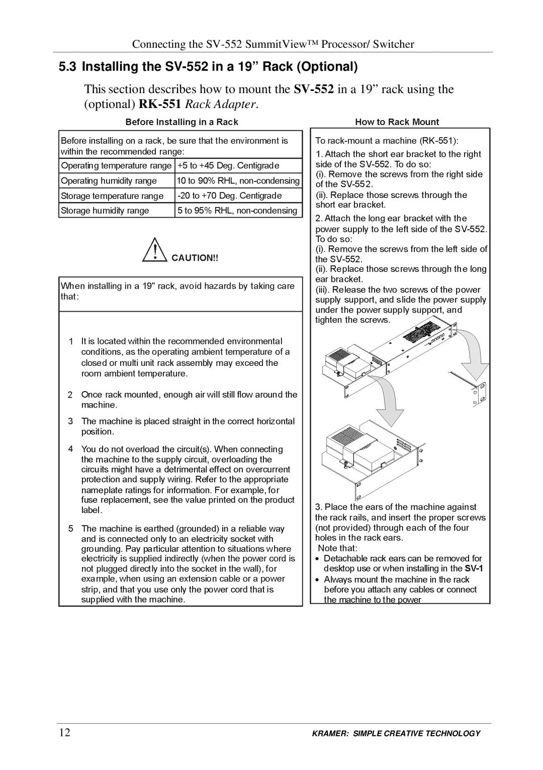 Kramer Electronics manual Installing the SV-552 in a 19 Rack Optional 