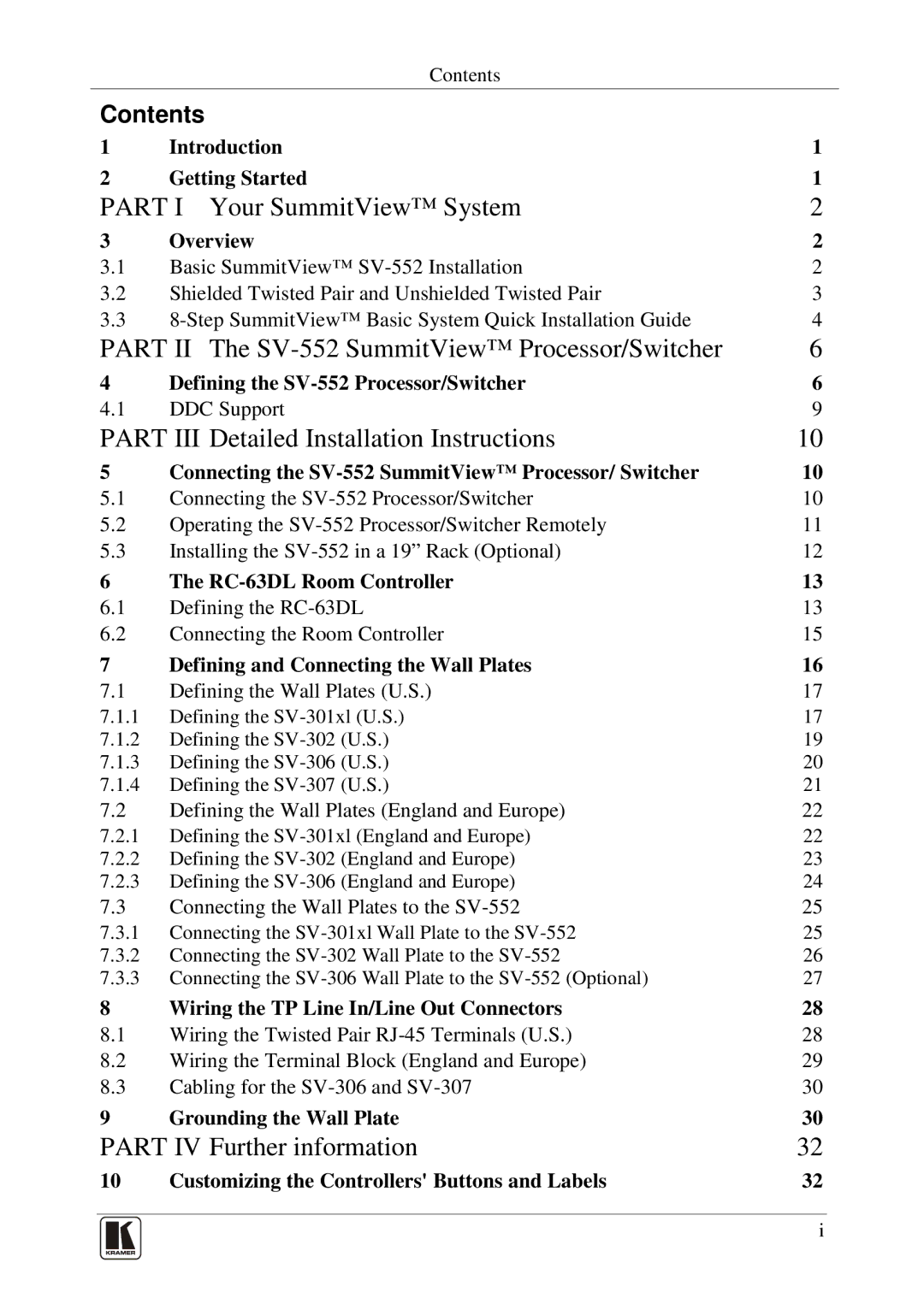 Kramer Electronics SV-552 manual Part I Your SummitView System, Contents 