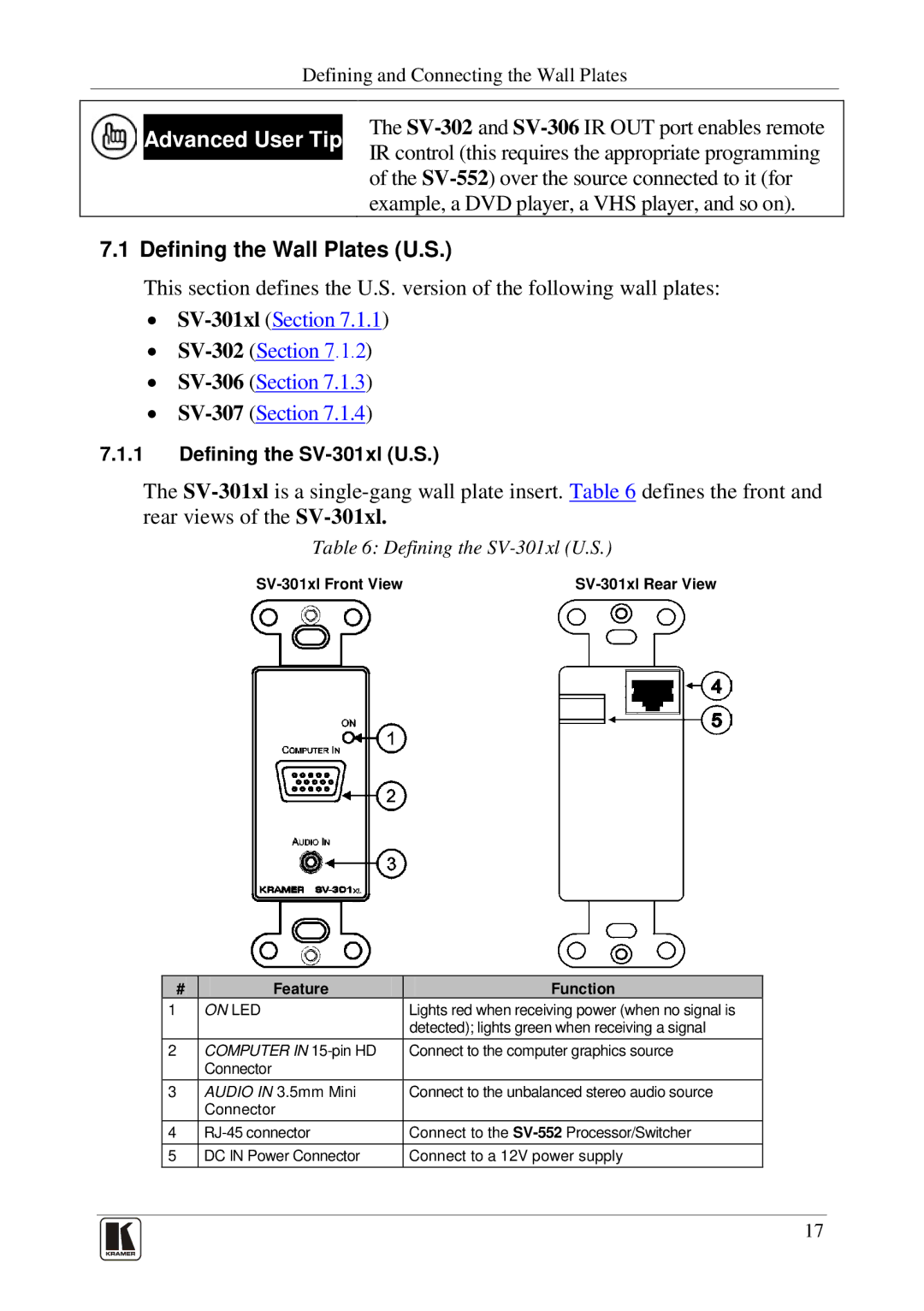 Kramer Electronics SV-552 manual Defining the Wall Plates U.S, Defining the SV-301xl U.S 