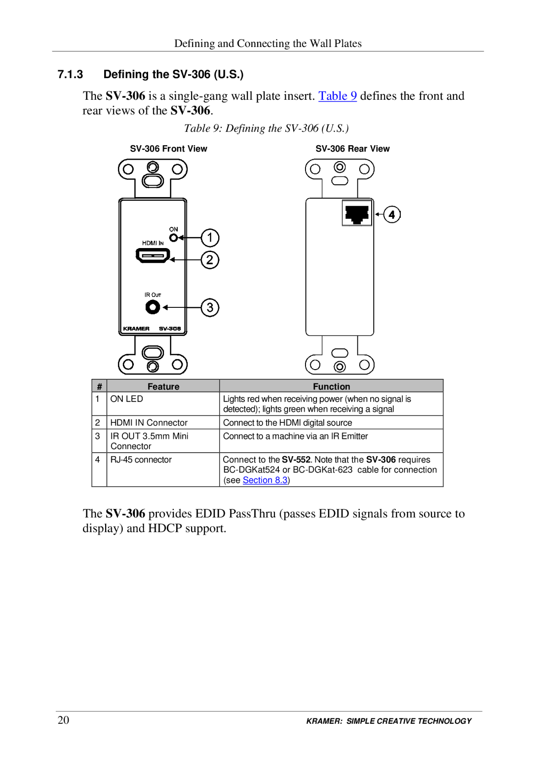 Kramer Electronics SV-552 manual Defining the SV-306 U.S, SV-306 Front View SV-306 Rear View Feature Function 