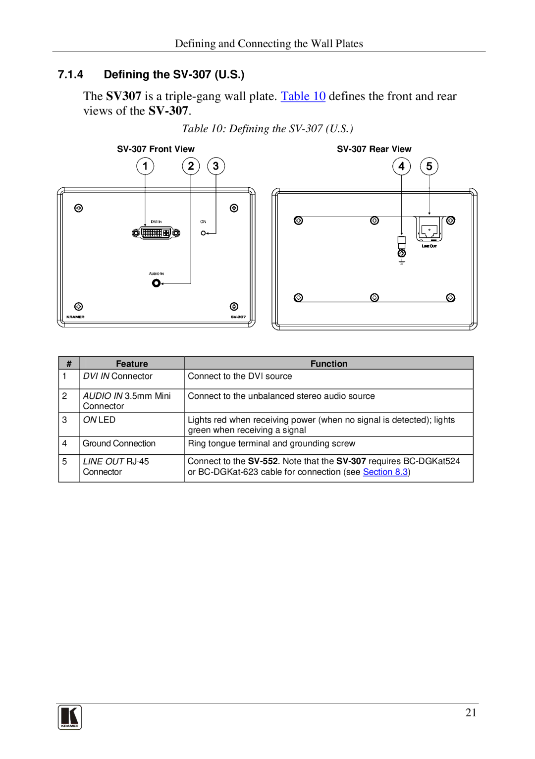 Kramer Electronics SV-552 manual Defining the SV-307 U.S, SV-307 Front View SV-307 Rear View Feature Function 