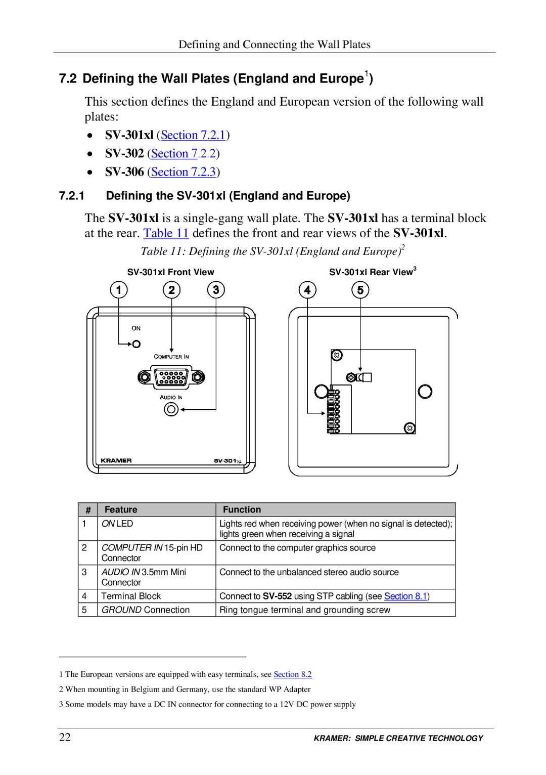 Kramer Electronics SV-552 manual Defining the Wall Plates England and Europe1, Defining the SV-301xl England and Europe2 