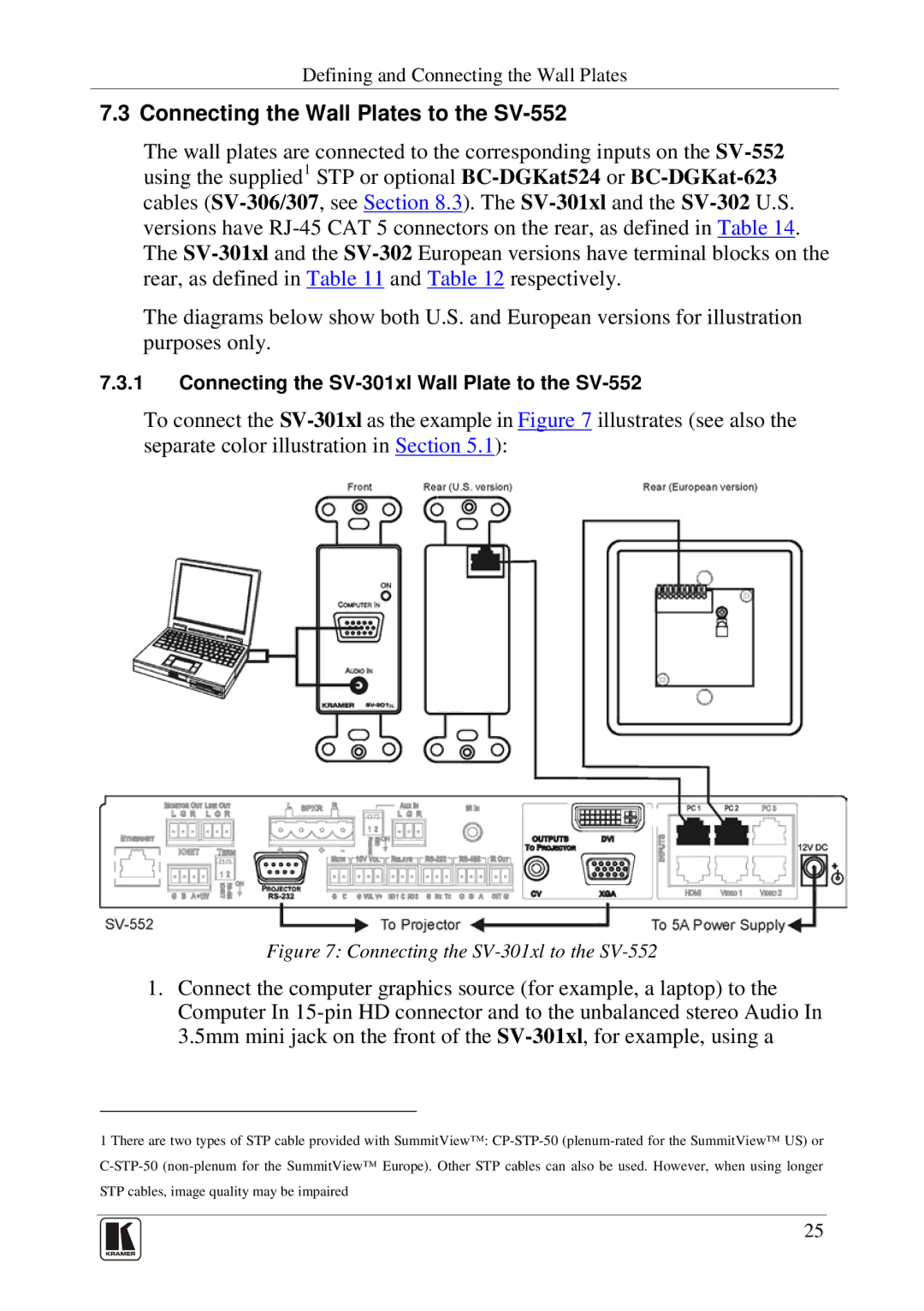 Kramer Electronics manual Connecting the Wall Plates to the SV-552, Connecting the SV-301xl to the SV-552 