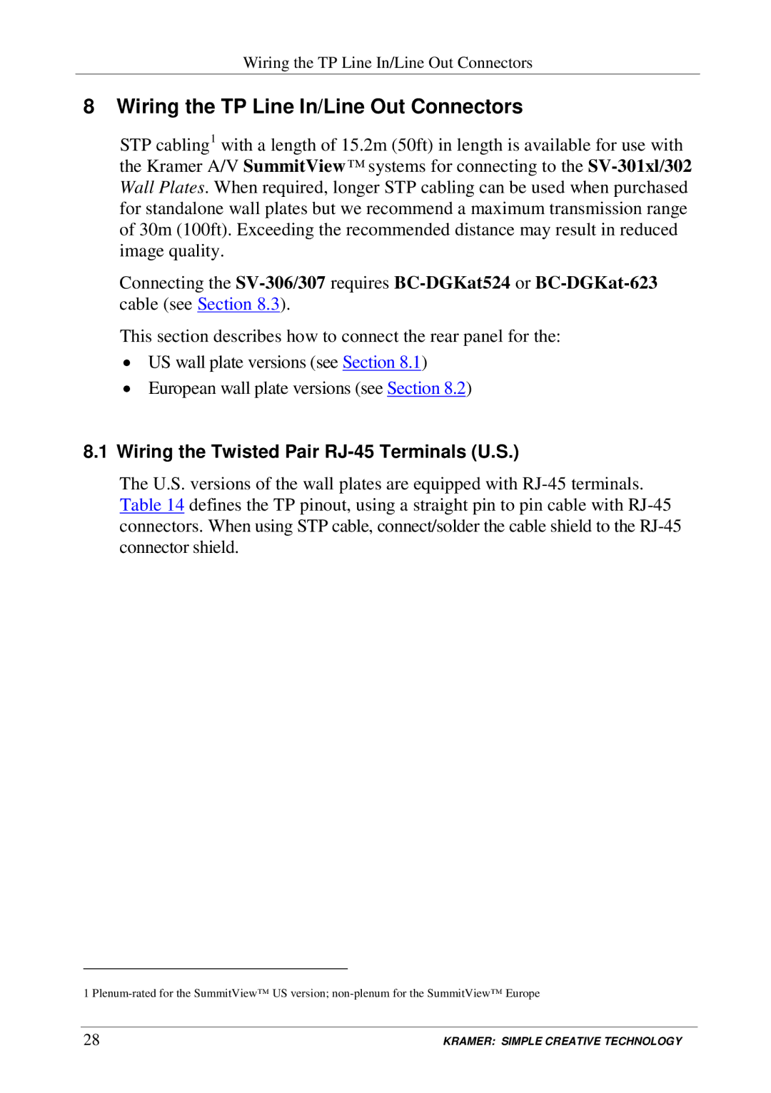 Kramer Electronics SV-552 manual Wiring the TP Line In/Line Out Connectors, Wiring the Twisted Pair RJ-45 Terminals U.S 