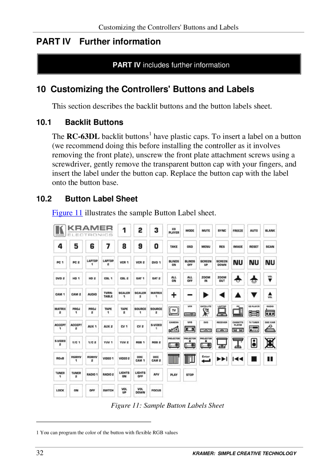 Kramer Electronics SV-552 Part IV Further information, Customizing the Controllers Buttons and Labels, Backlit Buttons 