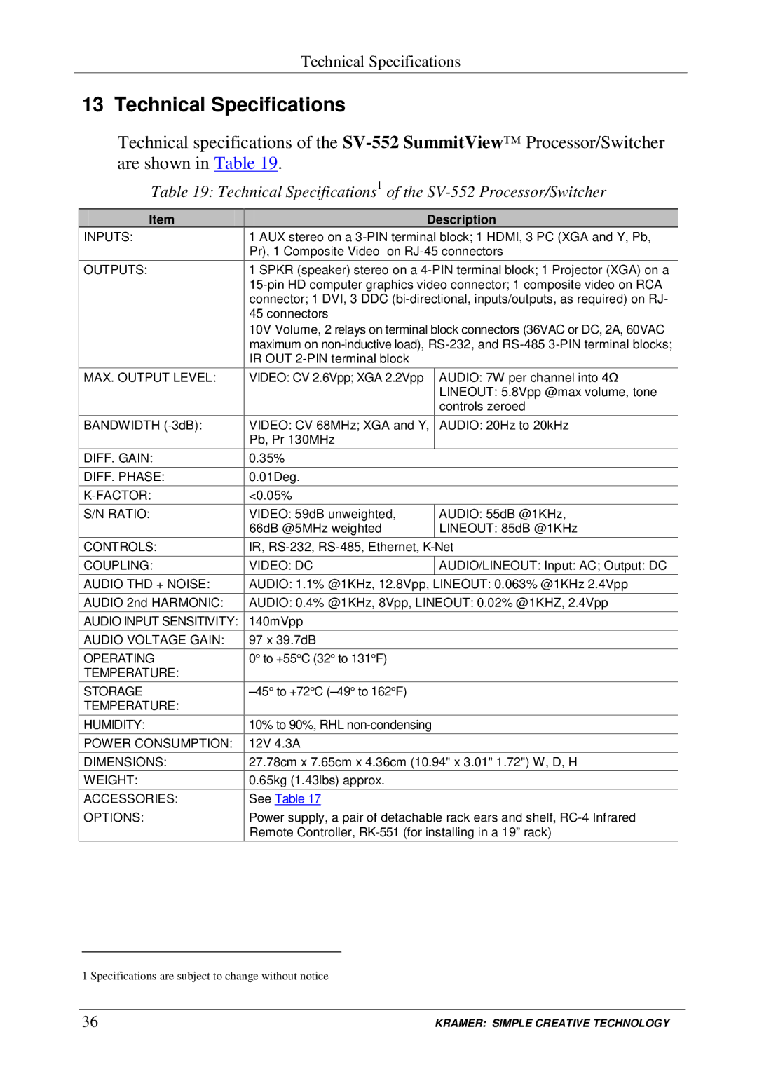 Kramer Electronics manual Technical Specifications1 of the SV-552 Processor/Switcher, Description 