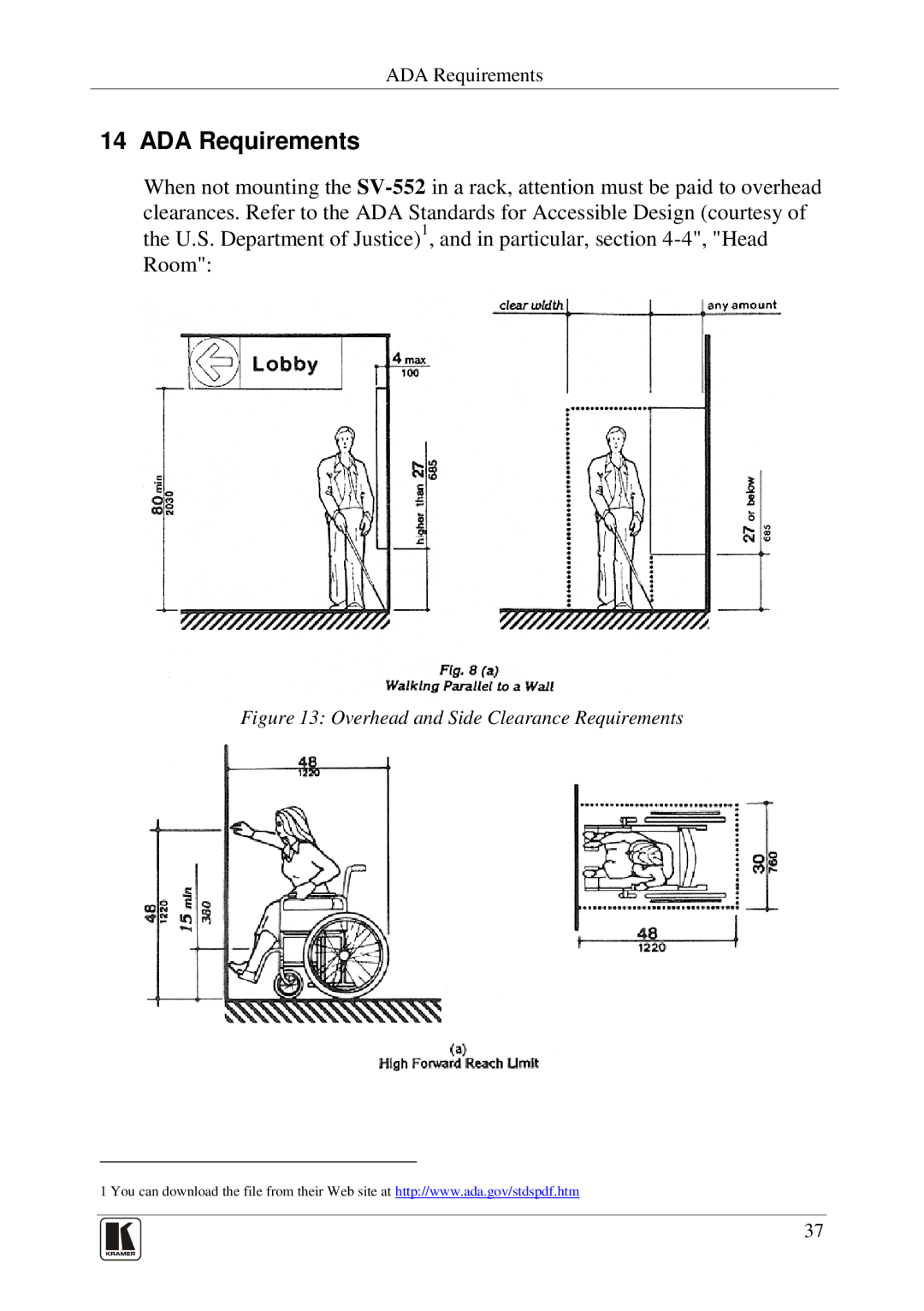 Kramer Electronics SV-552 manual ADA Requirements, Overhead and Side Clearance Requirements 