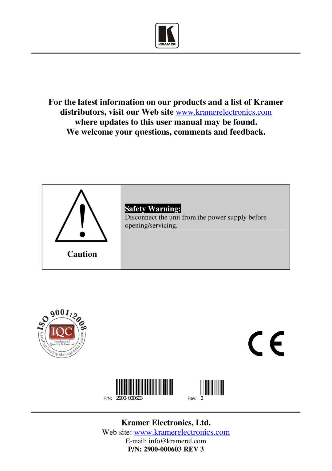 Kramer Electronics SV-552 manual Safety Warning 