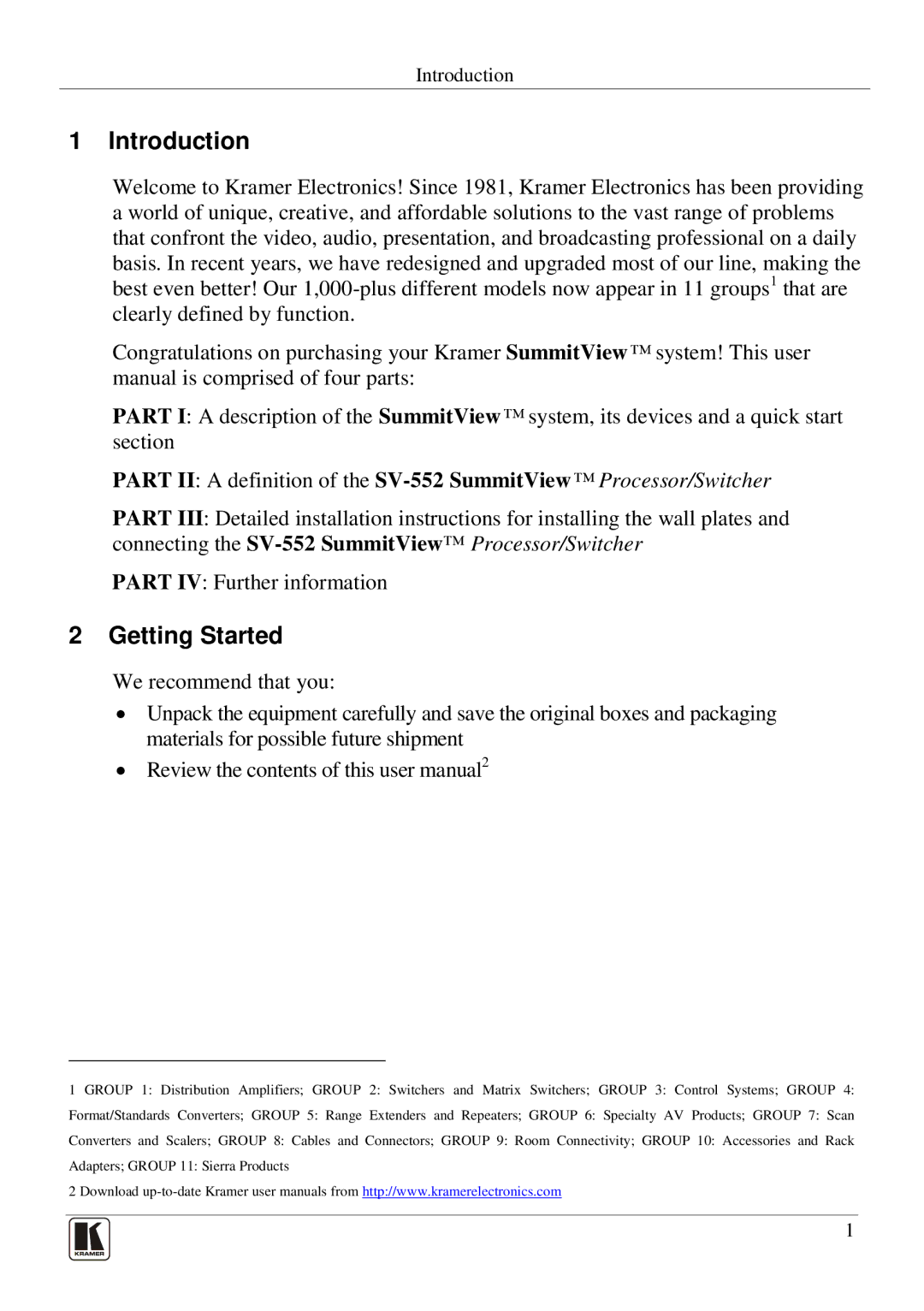 Kramer Electronics SV-552 manual Introduction, Getting Started 