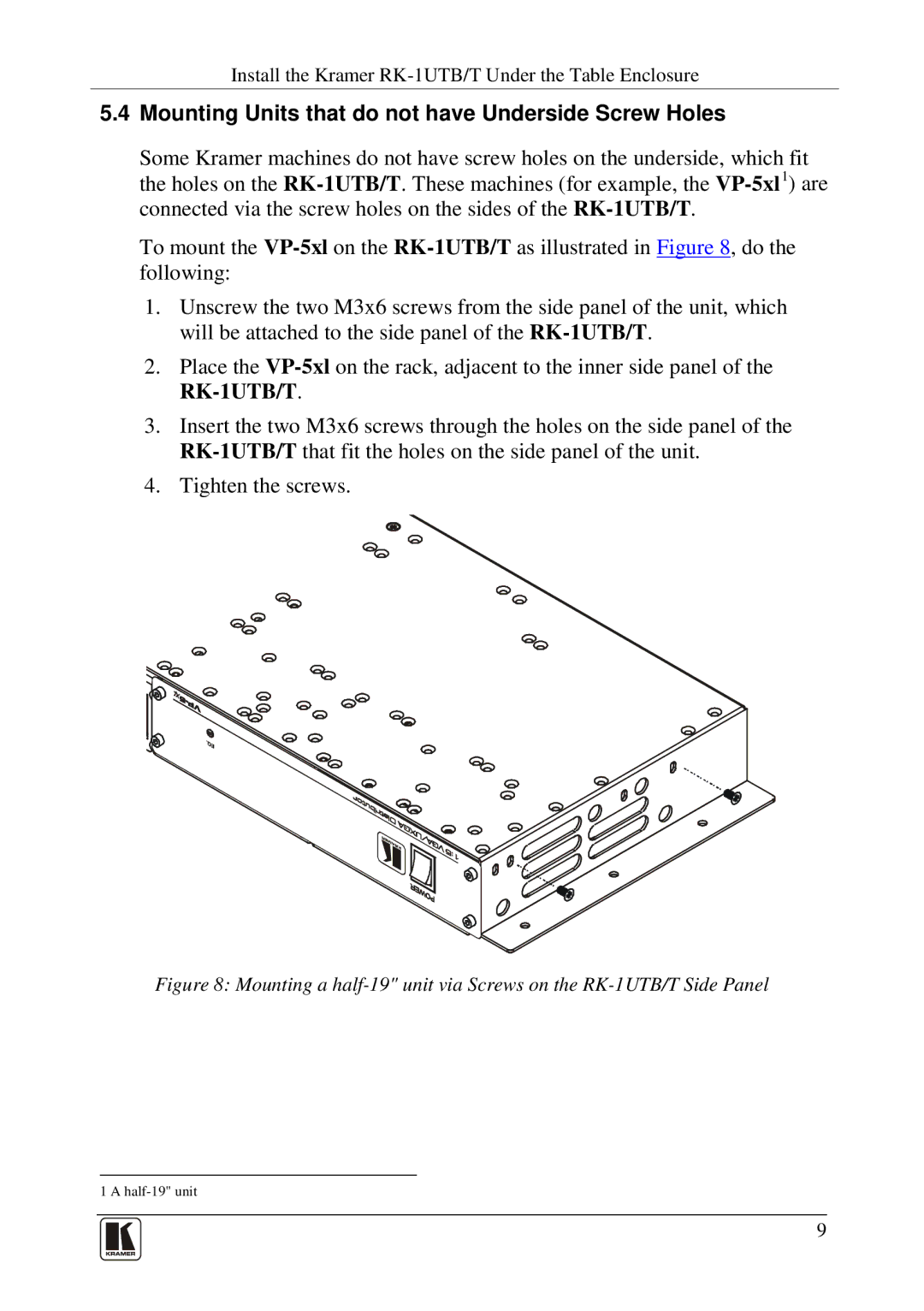 Kramer Electronics rk-1utb user manual Mounting Units that do not have Underside Screw Holes 