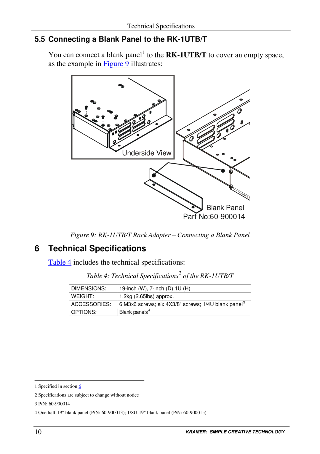 Kramer Electronics rk-1utb user manual Technical Specifications, Connecting a Blank Panel to the RK-1UTB/T 