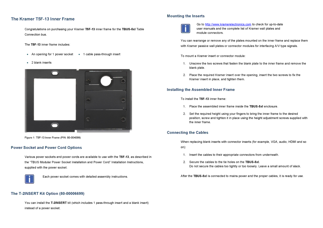 Kramer Electronics T5F-13 installation instructions Power Socket and Power Cord Options, T-2INSERT Kit Option 