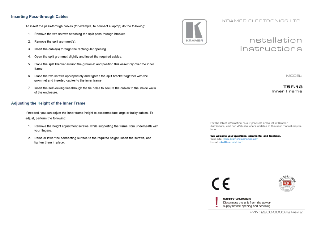 Kramer Electronics T5F-13 installation instructions Inserting Pass-through Cables, Adjusting the Height of the Inner Frame 