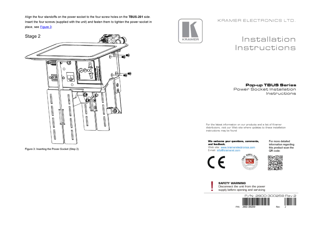 Kramer Electronics TBUS-201 manual Pop-up Tbus Series, Power Socket Installation Instructions 