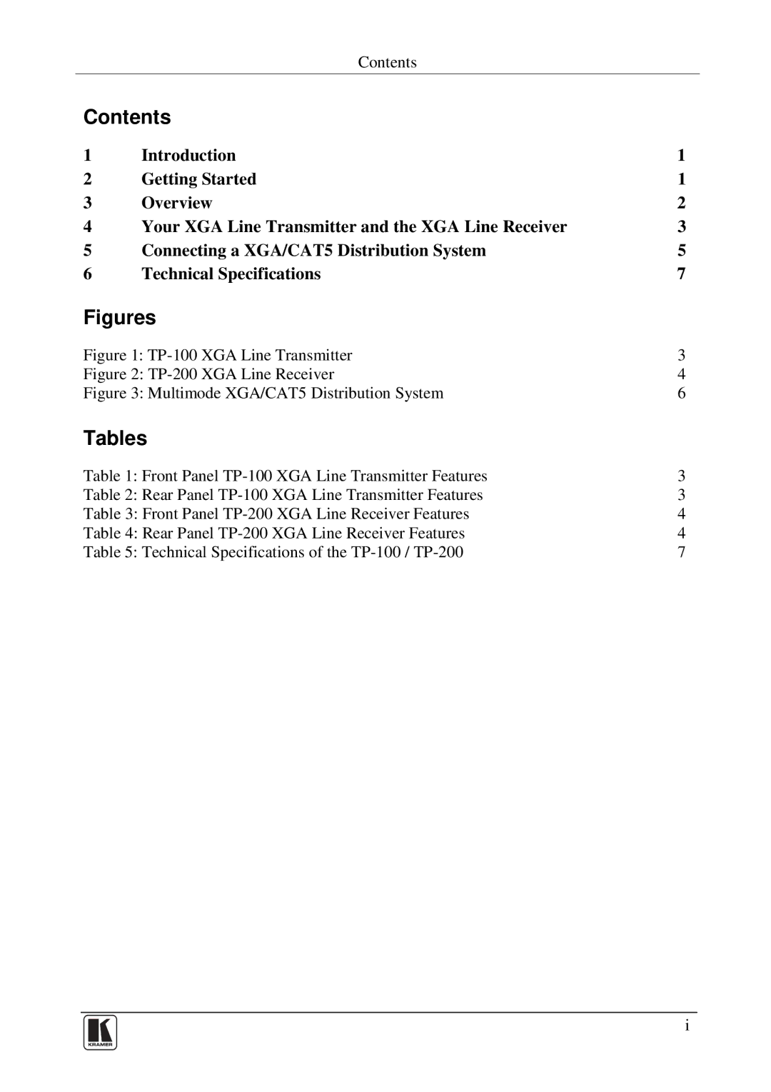 Kramer Electronics TP-100 user manual Contents, Tables 