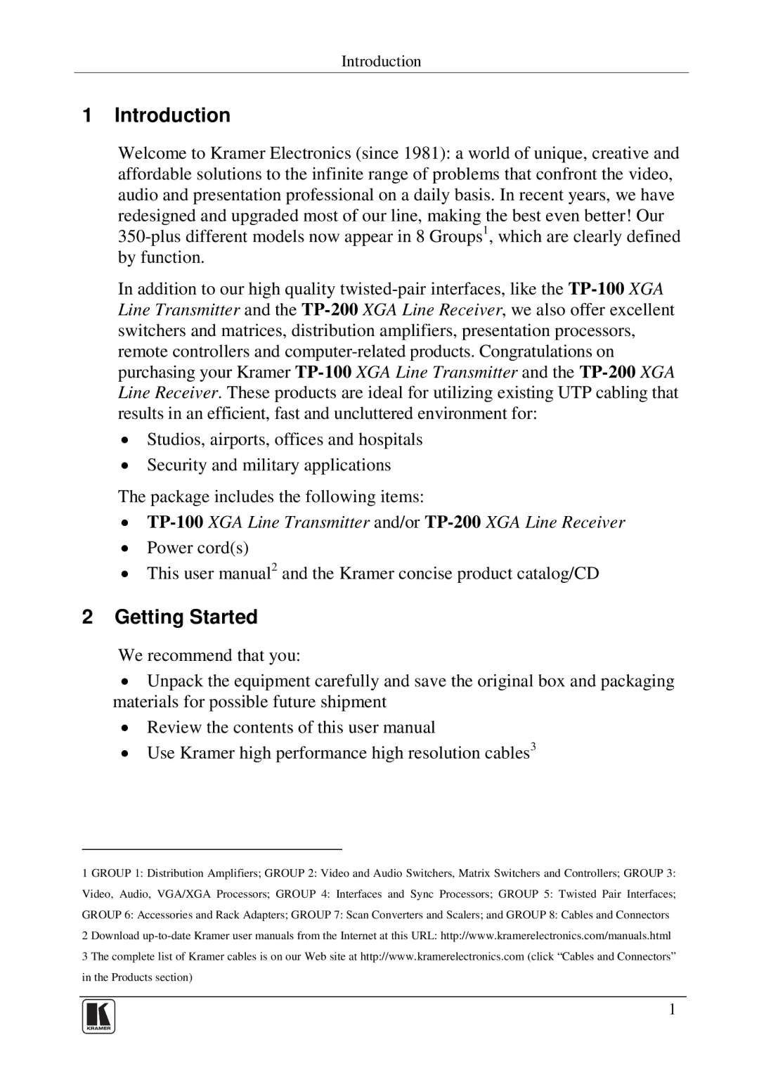 Kramer Electronics TP-100 user manual Introduction, Getting Started 