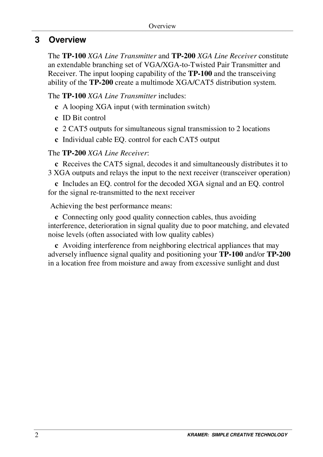 Kramer Electronics TP-100 user manual Overview, TP-200XGA Line Receiver 