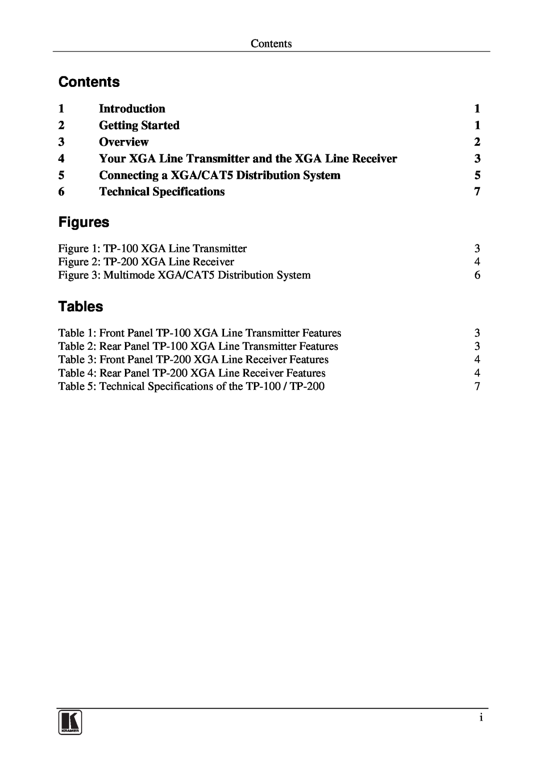 Kramer Electronics TP-100 user manual Contents, Figures, Tables 