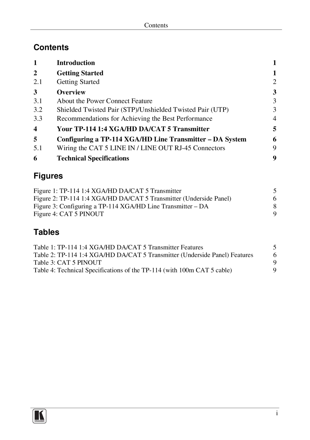 Kramer Electronics TP-114 user manual Contents, Tables 