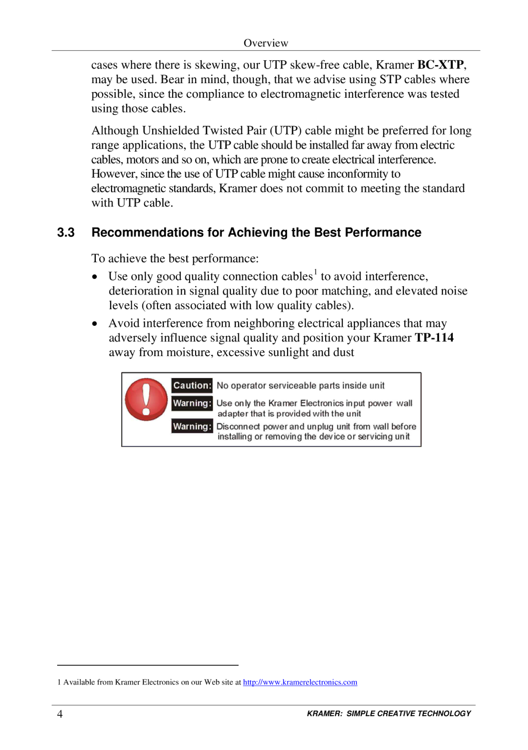 Kramer Electronics TP-114 user manual Recommendations for Achieving the Best Performance 