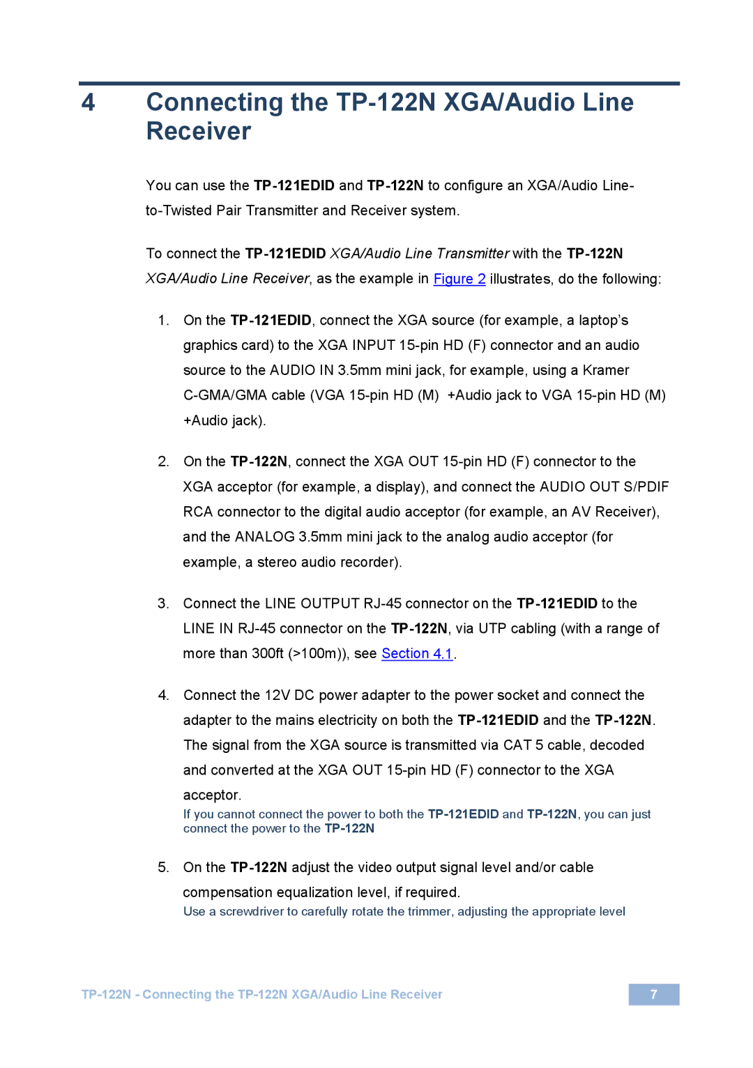 Kramer Electronics user manual Connecting the TP-122N XGA/Audio Line Receiver 