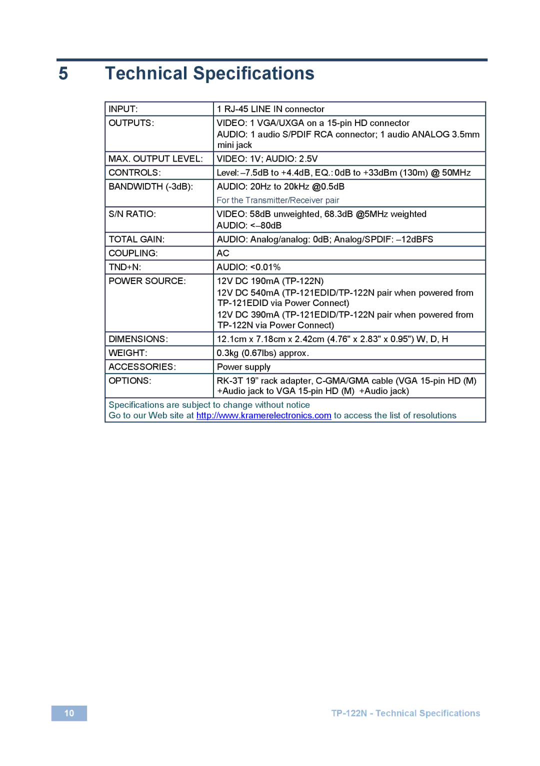 Kramer Electronics TP-122N user manual Technical Specifications, Outputs 