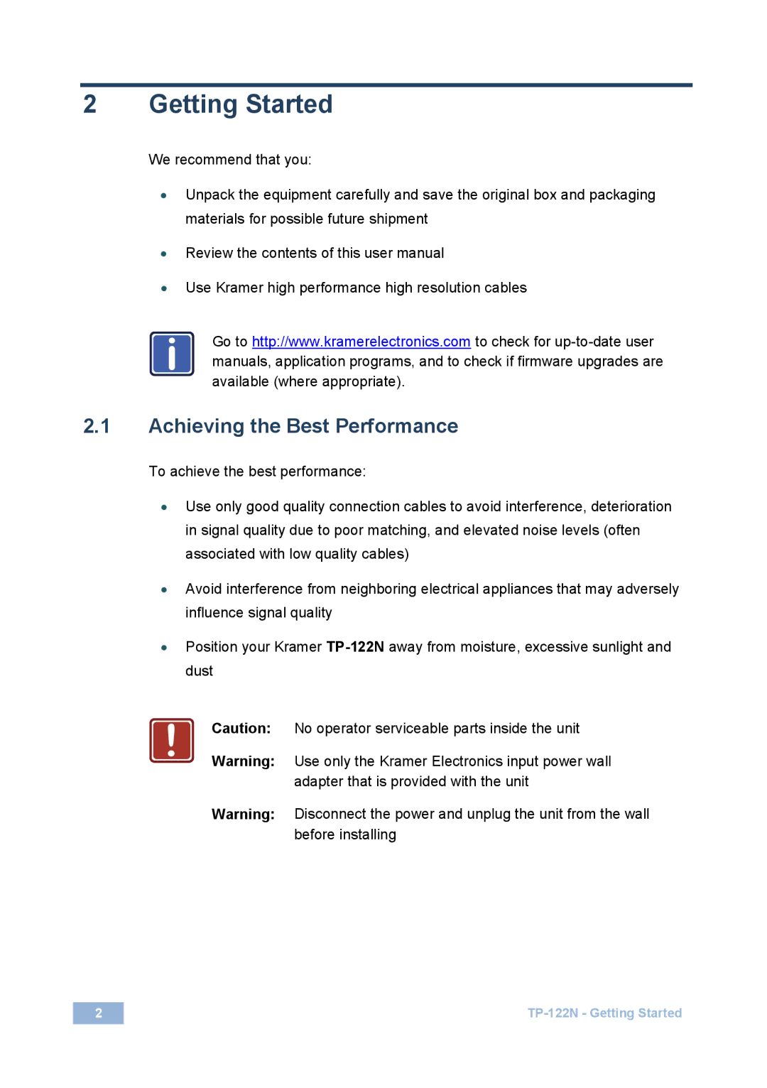 Kramer Electronics TP-122N user manual Getting Started, Achieving the Best Performance 