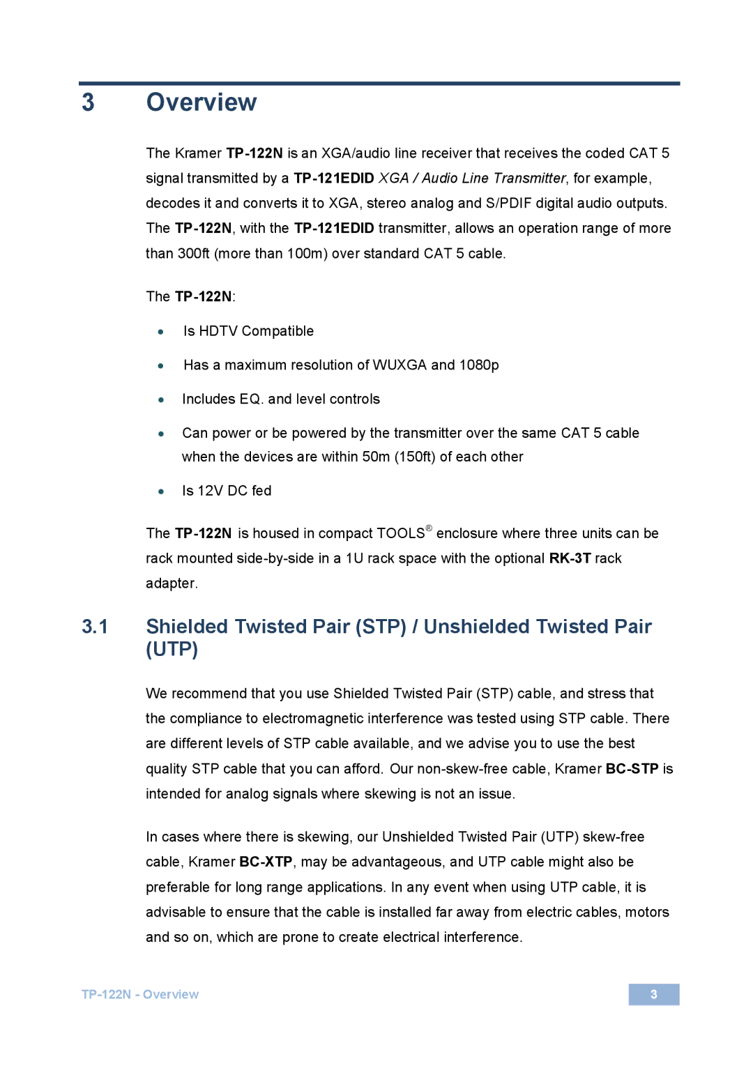 Kramer Electronics TP-122N user manual Overview, Shielded Twisted Pair STP / Unshielded Twisted Pair UTP 