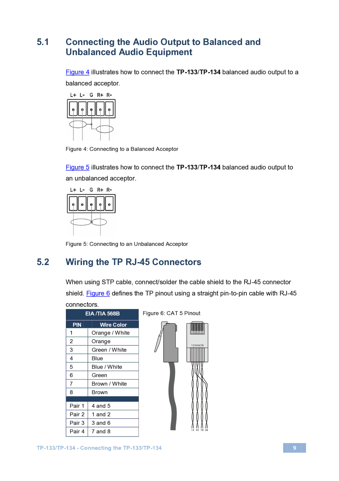 Kramer Electronics TP-133 user manual Wiring the TP RJ-45 Connectors, Pin 