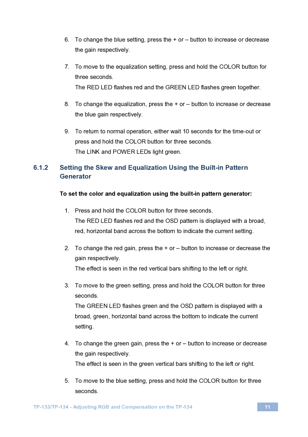 Kramer Electronics user manual TP-133/TP-134 Adjusting RGB and Compensation on the TP-134 