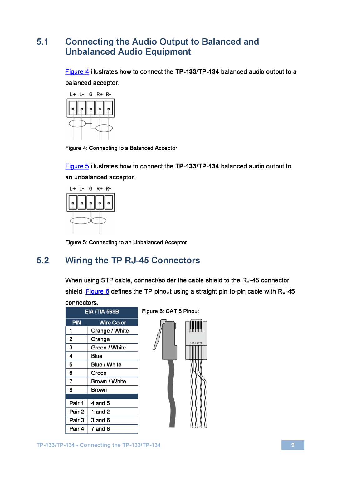 Kramer Electronics TP-133 user manual 5.2Wiring the TP RJ-45Connectors, EIA /TIA 568B, Wire Color 