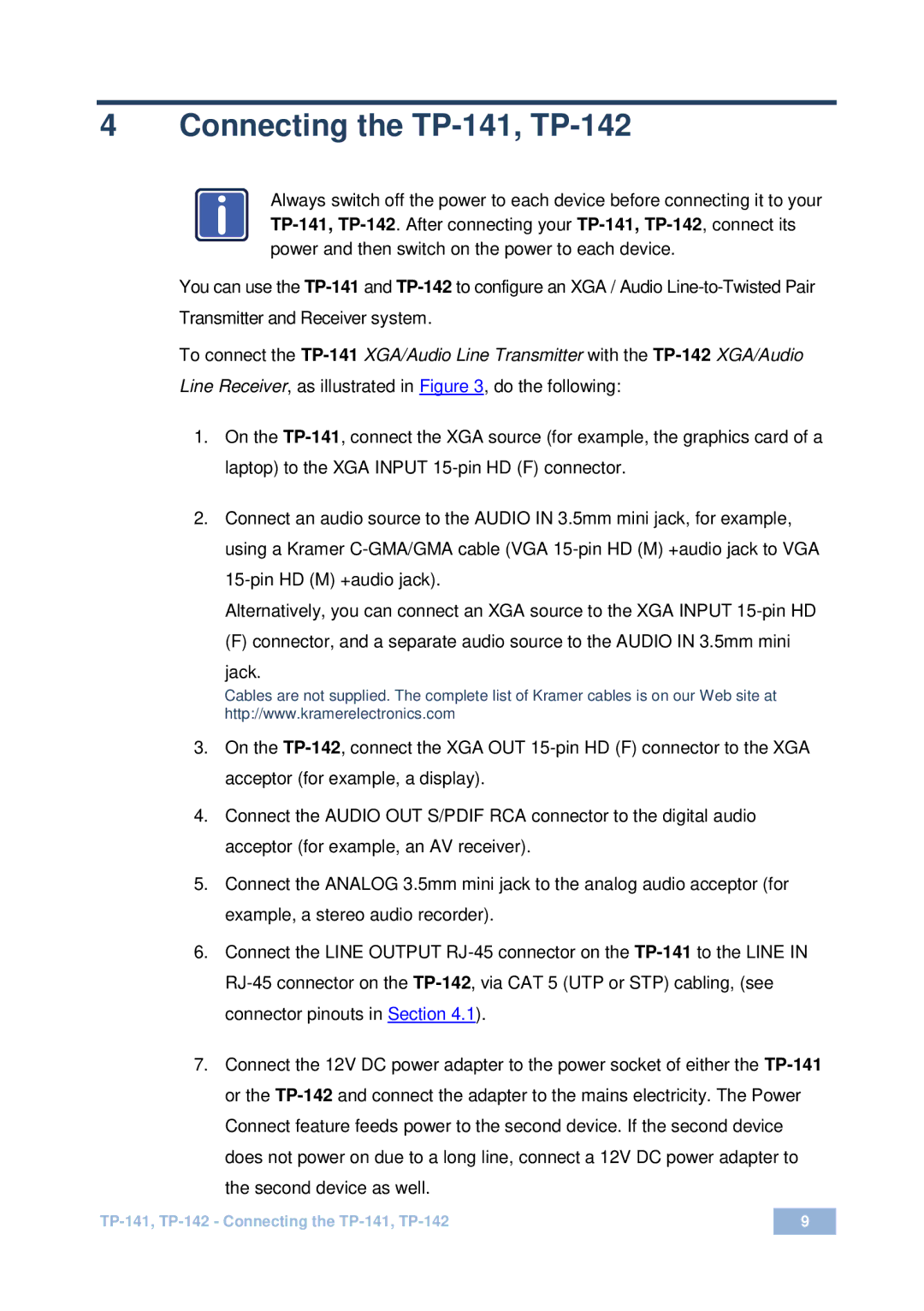 Kramer Electronics user manual Connecting the TP-141, TP-142, Power and then switch on the power to each device 